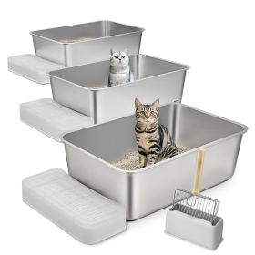 Cat Litter Box, 8 inches Deep, XL Extra Large Stainless Steel Cat Litter Box with Scoop, Wide Filtering Foot Board & High Sides