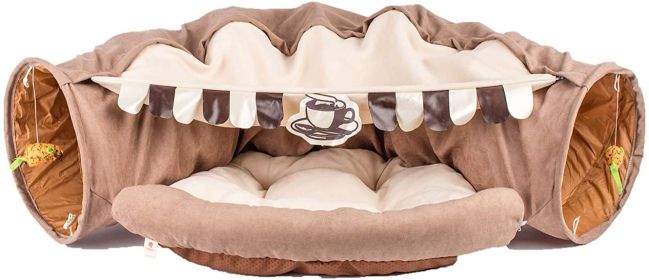 Cat Tunnel Toy Bed with Cushion Mat with Pop up Collapsible 2 Way Tube and Scratching Ball Interactive Toy Peak Hole Hideout House for Cat Puppy (Color: coffee)