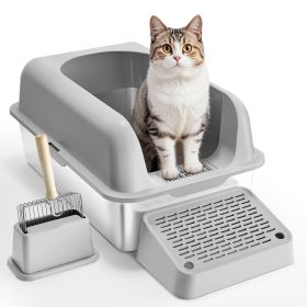Cat Litter Box, 6 inches Deep, XL Extra Large Stainless Steel Cat Litter Box with Scoop, Wide Filtering Foot Board & High Sides (Color: Light Gray)