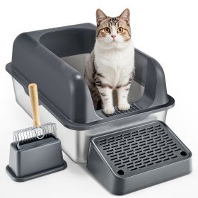 Cat Litter Box, 6 inches Deep, XL Extra Large Stainless Steel Cat Litter Box with Scoop, Wide Filtering Foot Board & High Sides (Color: Dark Gray)