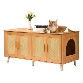 Cat Litter Box Enclosure for 2 Cats, Litter Box Furniture Hidden with Rattan Decorated Doors, Wooden Cat Box Cabinet Fit Most of Litter Box (Material: Wood + Rattan, size: 47.2 inches)